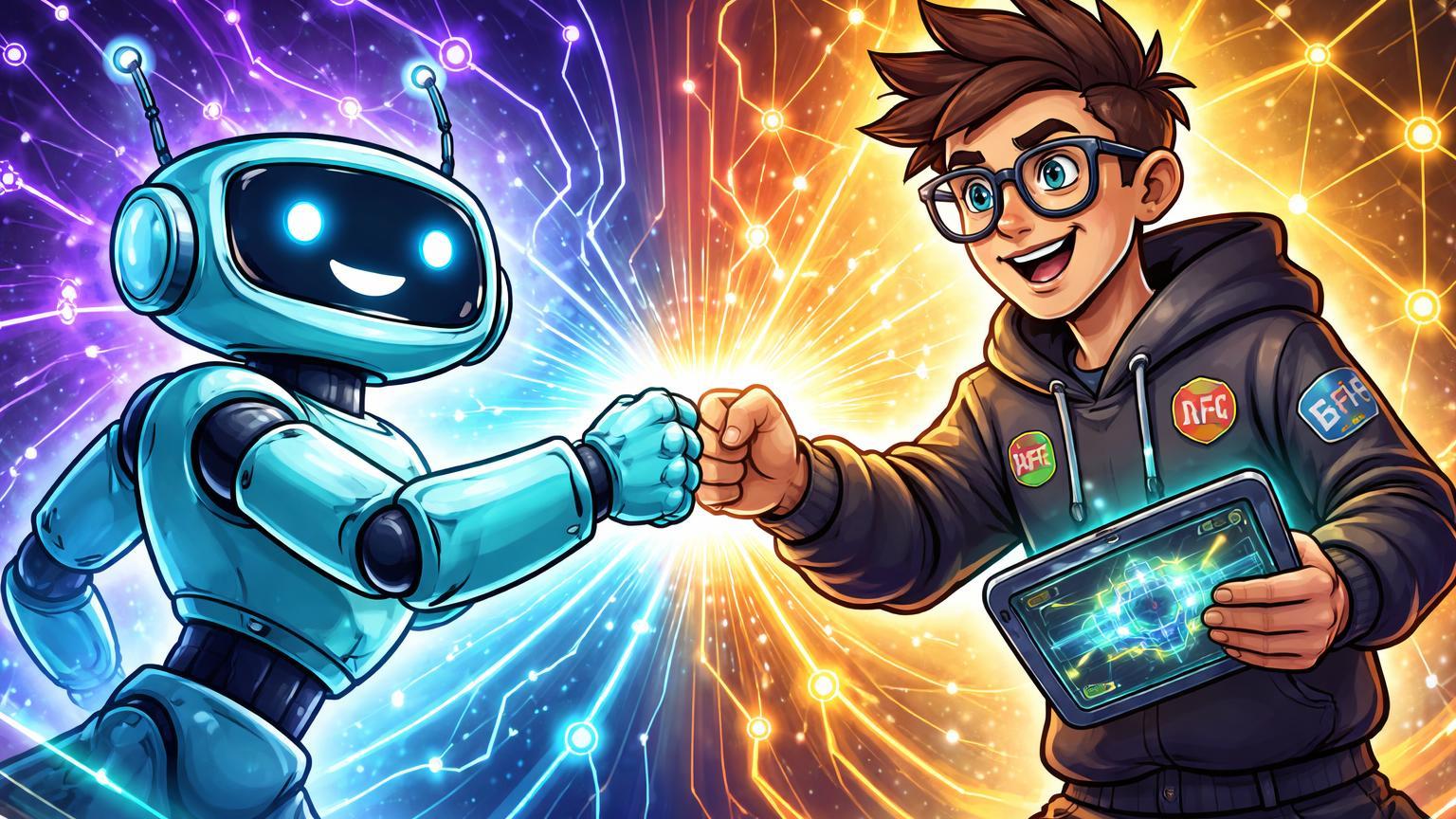 Personagens cartoon de robô AI e expert cripto em handshake energético, simbolizando convergência xAI com dados on-chain e DeFi