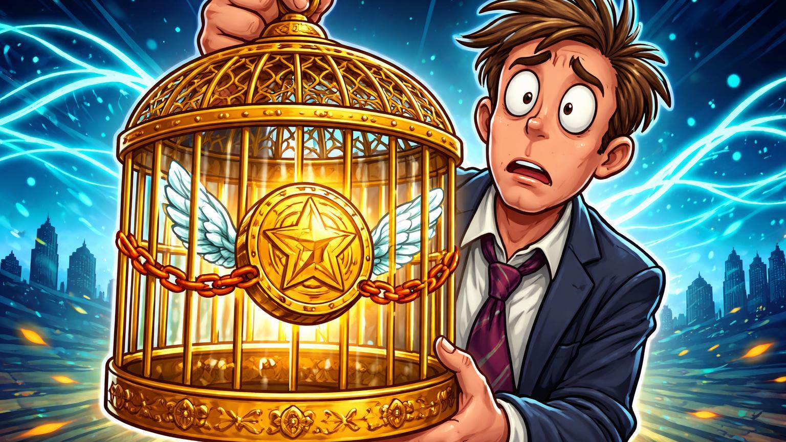 Personagem acionista cartoon segurando gaiola com token dourado preso, satirizando tokens não transferíveis da Trump Media e hype cripto falso