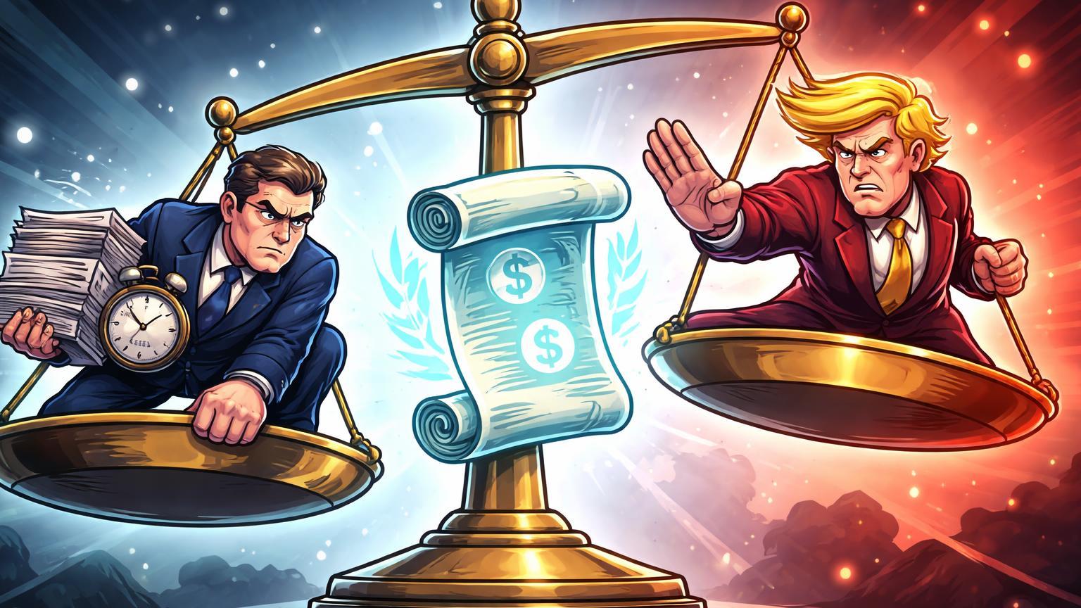 Personagens cartoon de Casa Branca e assessor Trump em balança desequilibrada sobre pergaminho cripto, simbolizando tensões por lei regulatória com deadline
