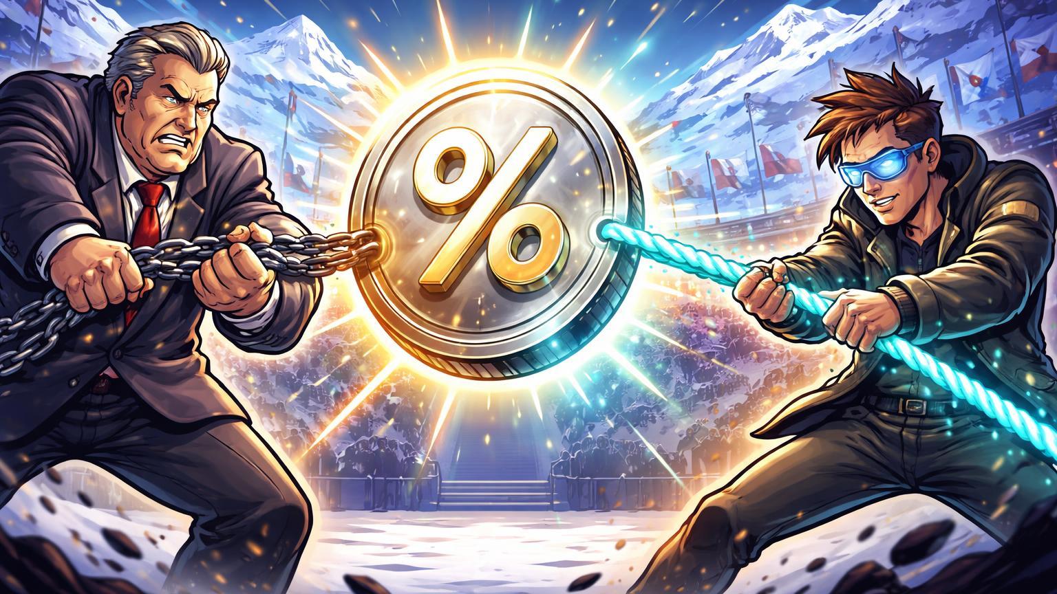 Gigantes cartoon bancário e cripto disputando stablecoin com símbolo de rendimento em arena de Davos, simbolizando pressão contra ganhos em stablecoins