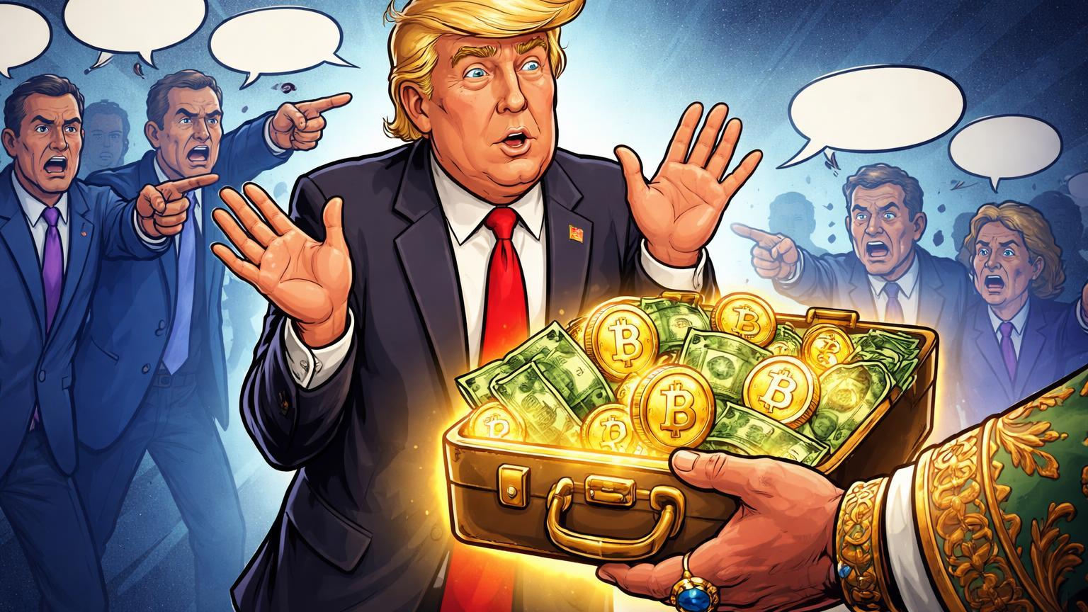 Trump cartoon negando com mão árabe oferecendo maleta dourada de investimento em WLFI, democratas acusando ao fundo, destacando conflito de interesses