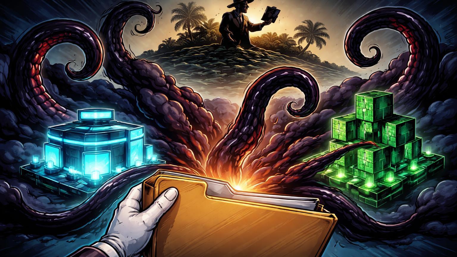 Pasta judicial cartoon liberando tentáculos sombrios sobre estruturas de exchange e blockchain, com figura cripto na ilha, expondo investimentos de Epstein