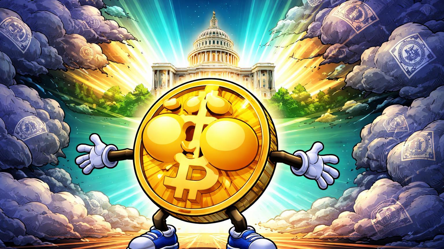 Personagem Bitcoin cartoon inspirando aliviado enquanto nuvens de shutdown se dissipam sobre Capitólio estilizado, simbolizando recuperação pós-crise nos EUA