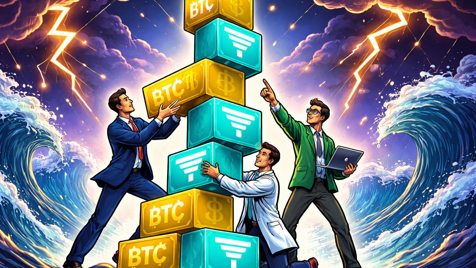 Executivos cartoon estilizados empilhando blocos BTC e USDT em torre resiliente contra tempestade volátil, simbolizando acumulação institucional