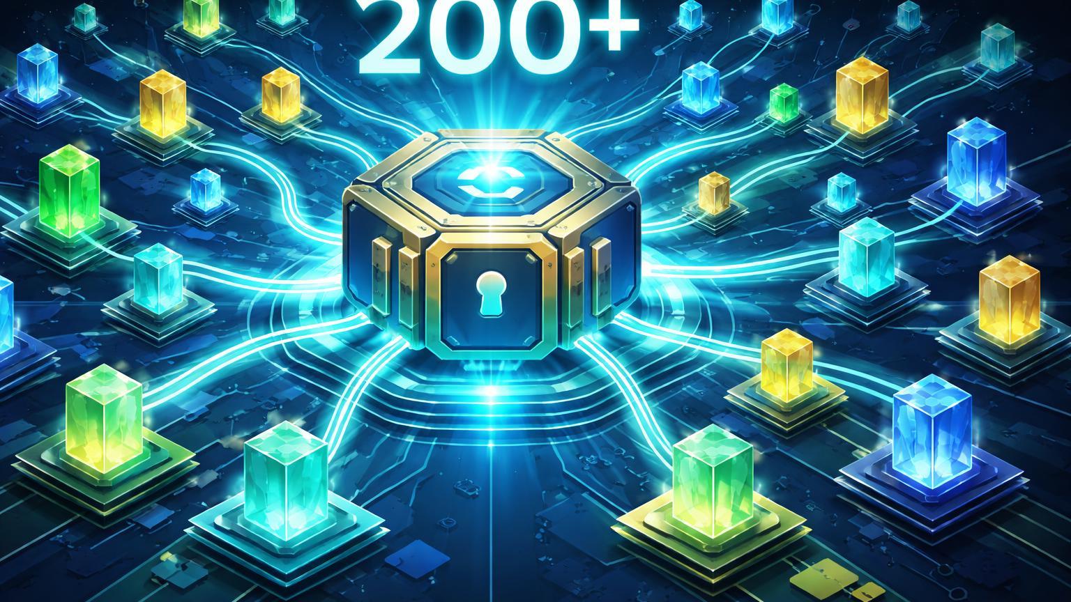 Ecossistema isométrico com cristais de ações tokenizadas conectando-se a wallet central via tubos cyan, simbolizando integração MetaMask-Ondo em DeFi