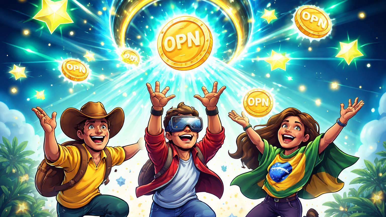 Personagens cartoon brasileiros coletando estrelas Alpha que viram tokens OPN, celebrando airdrop gratuito da Binance Wallet