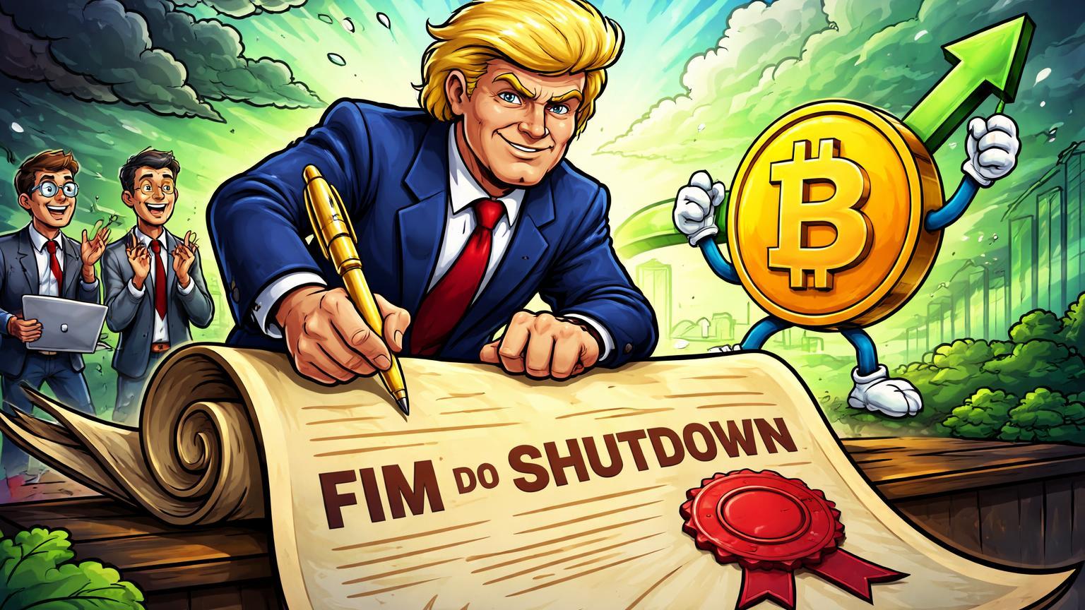 Político cartoon assinando fim do shutdown com Bitcoin e traders celebrando recuperação, simbolizando estabilização do mercado cripto após crise nos EUA