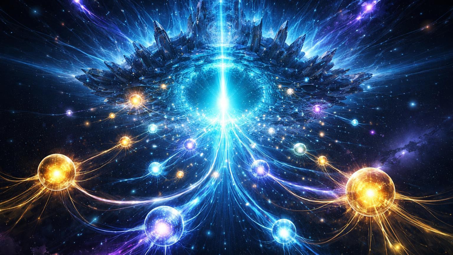 Enxame de nodos IA cyan emergindo de portal sobre estrutura cristalina Base, com pulsos dourados de prediction markets, ilustrando boom de agentes IA