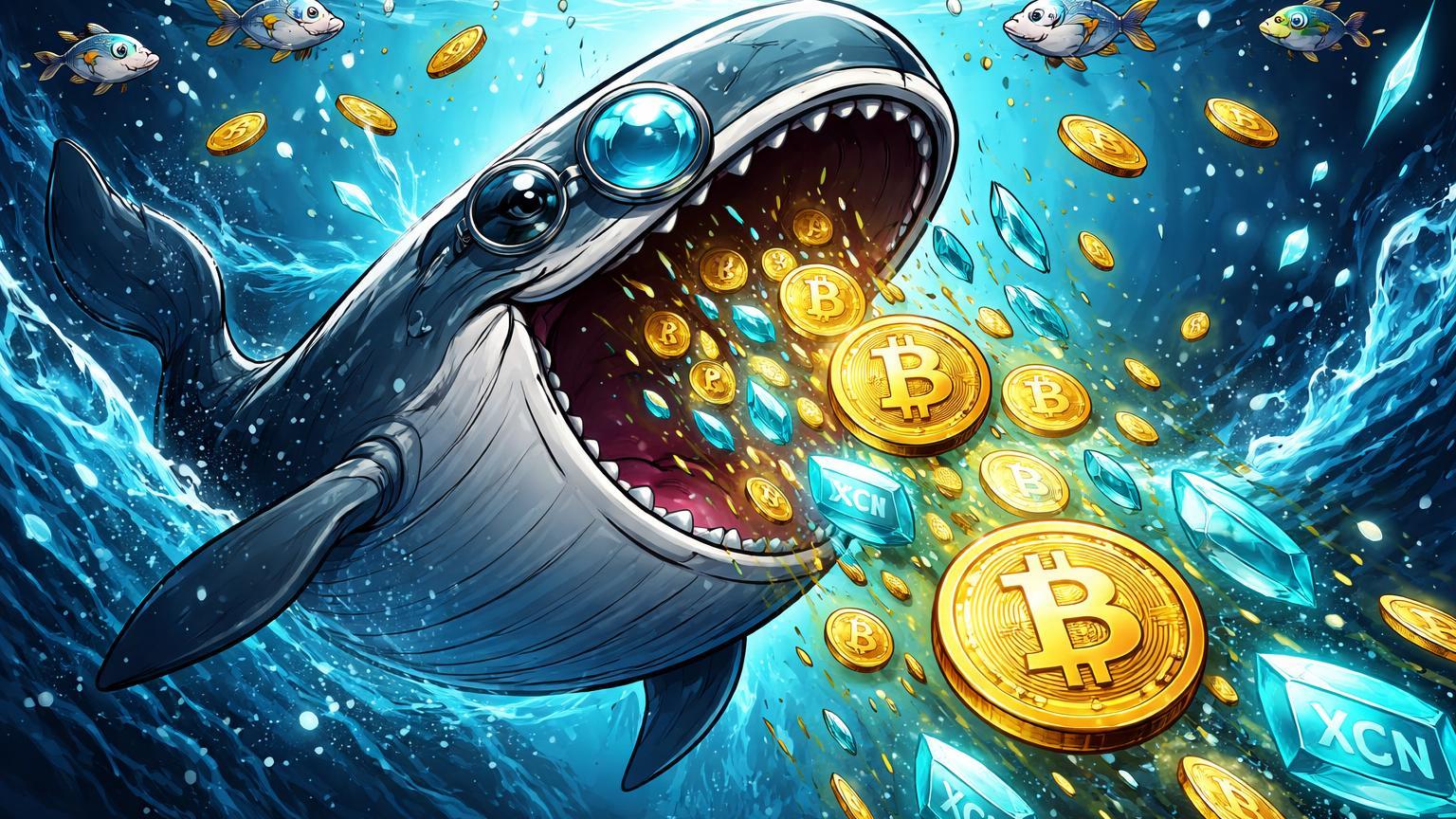 Baleia cartoon gigante com óculos acumulando moedas BTC e XCN na profundidade oceânica, enquanto peixes varejo fogem em pânico, simbolizando compras de smart money na baixa do Bitcoin