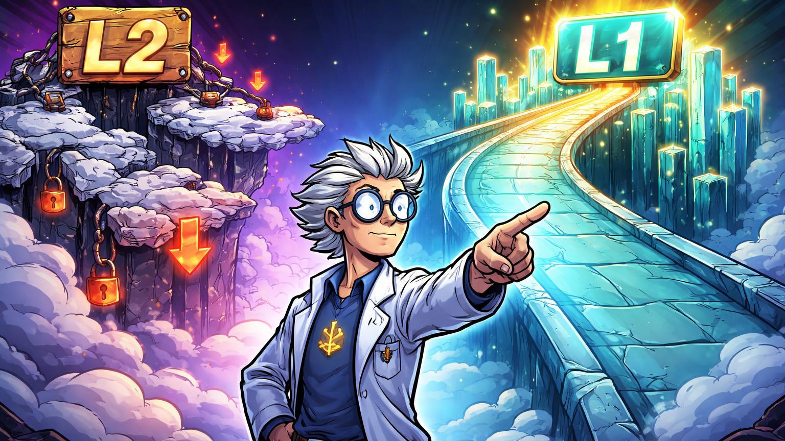 Visionário cartoon em encruzilhada apontando para caminho L1 sólido sobre ponte L2 instável, simbolizando crítica de Vitalik às Layer-2 no Ethereum