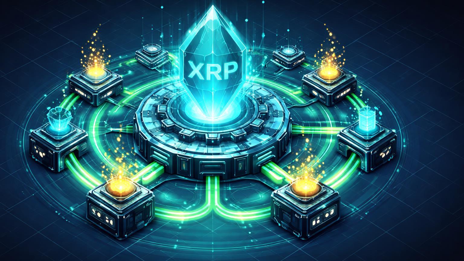 Estrutura isométrica DeFi com núcleo XRP gerando fluxo yield verde e dourado, simbolizando empréstimo modular da Flare e Morpho
