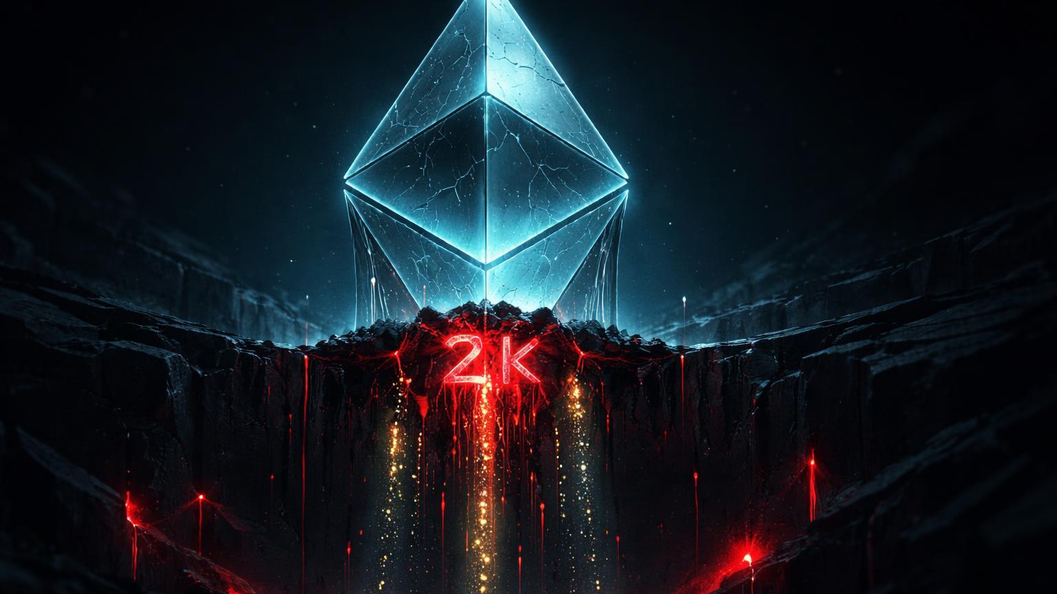 Prisma hexagonal Ethereum com base '2K' erodindo e partículas caindo para poços vermelhos, alertando risco de suporte em US$ 2.000