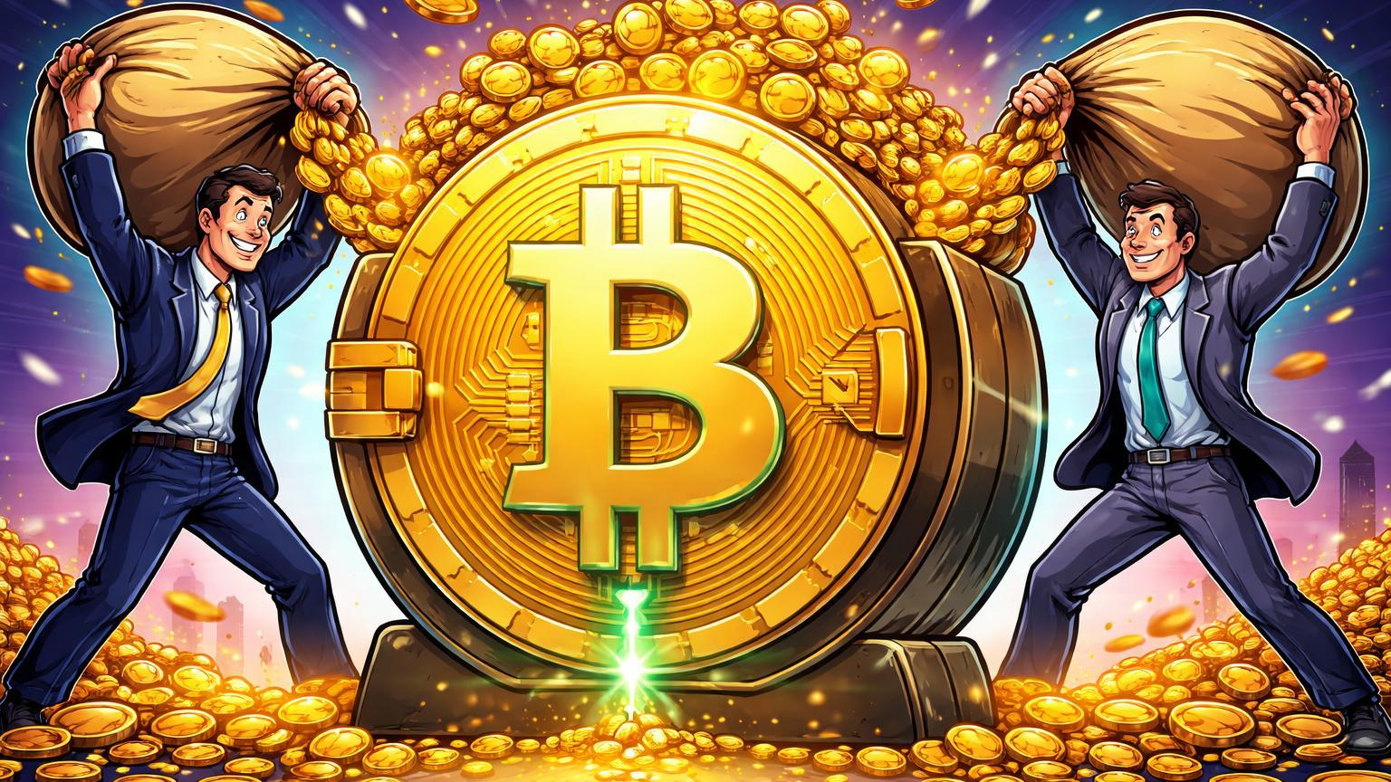 Executivos cartoon institucionais despejando capital dourado em cofre Bitcoin transbordante, revertendo saques em ETFs spot