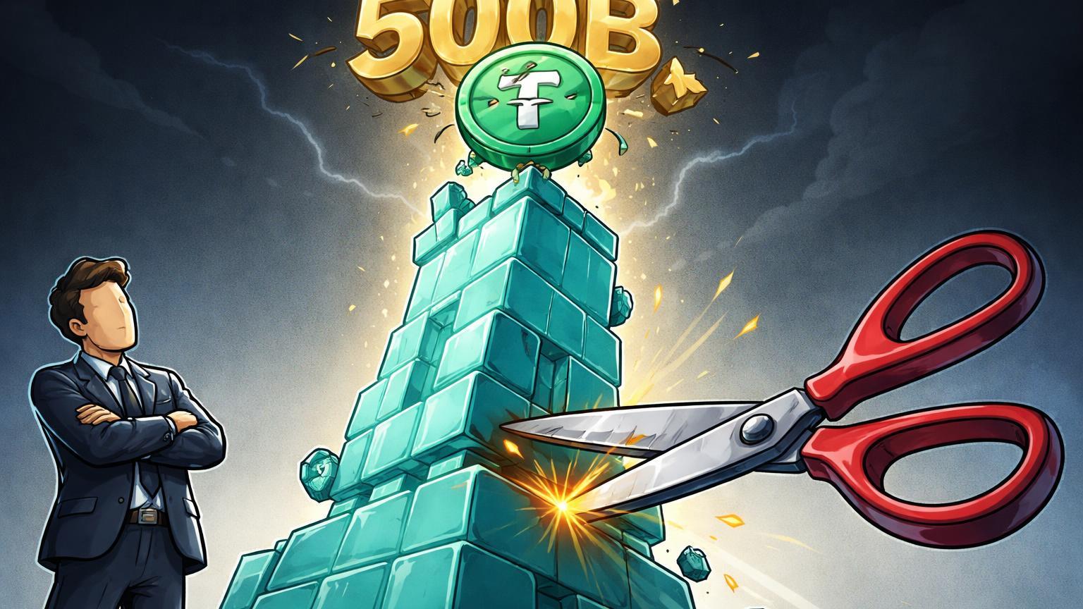 Torre instável de stablecoin com '500B' no topo sendo cortada por tesoura vermelha, investidor cético observa, sinalizando ceticismo no valuation da Tether