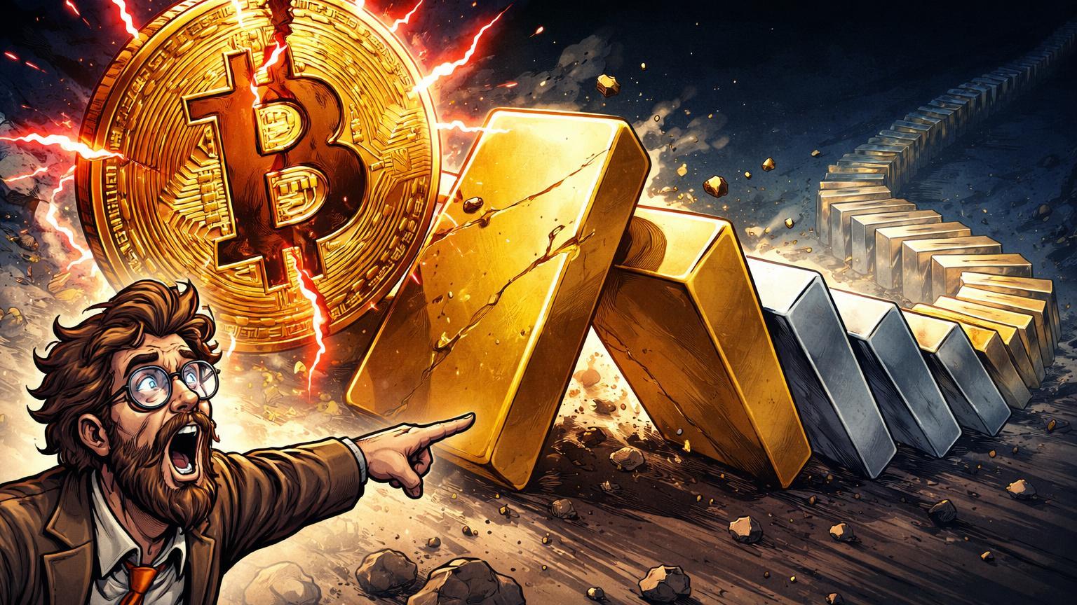 Investidor cartoon alarmado apontando para dominós caindo de Bitcoin rachado para ouro e prata, ilustrando alerta de liquidações em cascata