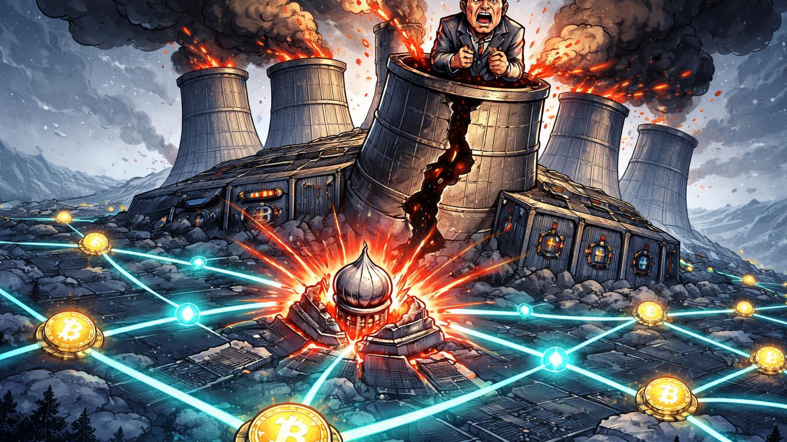 Usina de mineração cartoon desmoronando com CEO algemado no topo e rede de hashrate global se rompendo, ilustrando falência da BitRiver na Rússia
