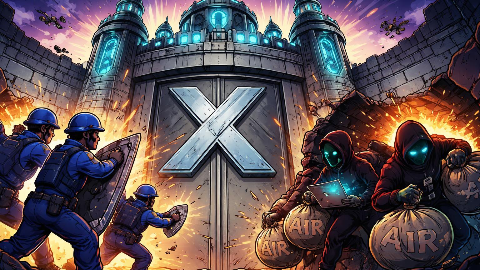 Policiais e hackers cartoon cercando cidadela digital com 'X' e airdrops falsos, representando invasão policial na X e hack na Arbitrum