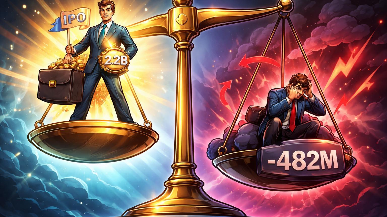 Balança cartoon com personagem confiante de Kraken em lado alto rumo IPO com 2.2B e Galaxy estressado em prejuízo de 482M, contrastando finanças de exchanges