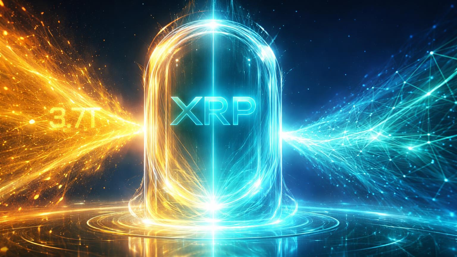 Portal glassmorphic translúcido conectando fluxo dourado DeFi de US$ 3,7T à rede cristalina XRP, simbolizando integração Hyperliquid