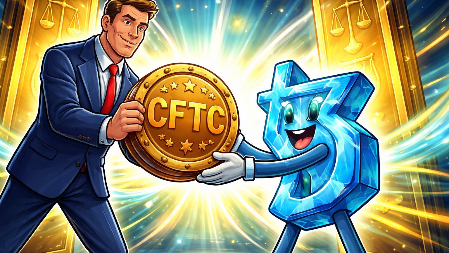 Regulador cartoon entregando selo CFTC a personagem Tezos cristalino, com portas douradas abrindo para liquidez institucional