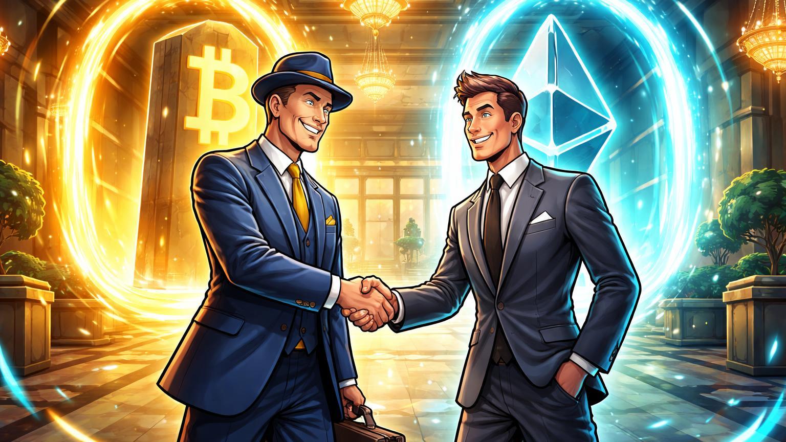 Banqueiro cartoon estilizado apertando mão de cliente rico com portais BTC e ETH ao fundo, simbolizando trading cripto pela UBS