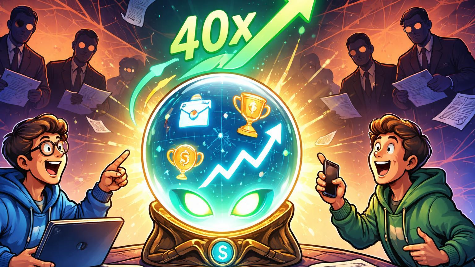 Personagens cartoon consultando oráculo de predições com seta 40x e teias regulatórias, ilustrando mercados de predição da Crypto.com