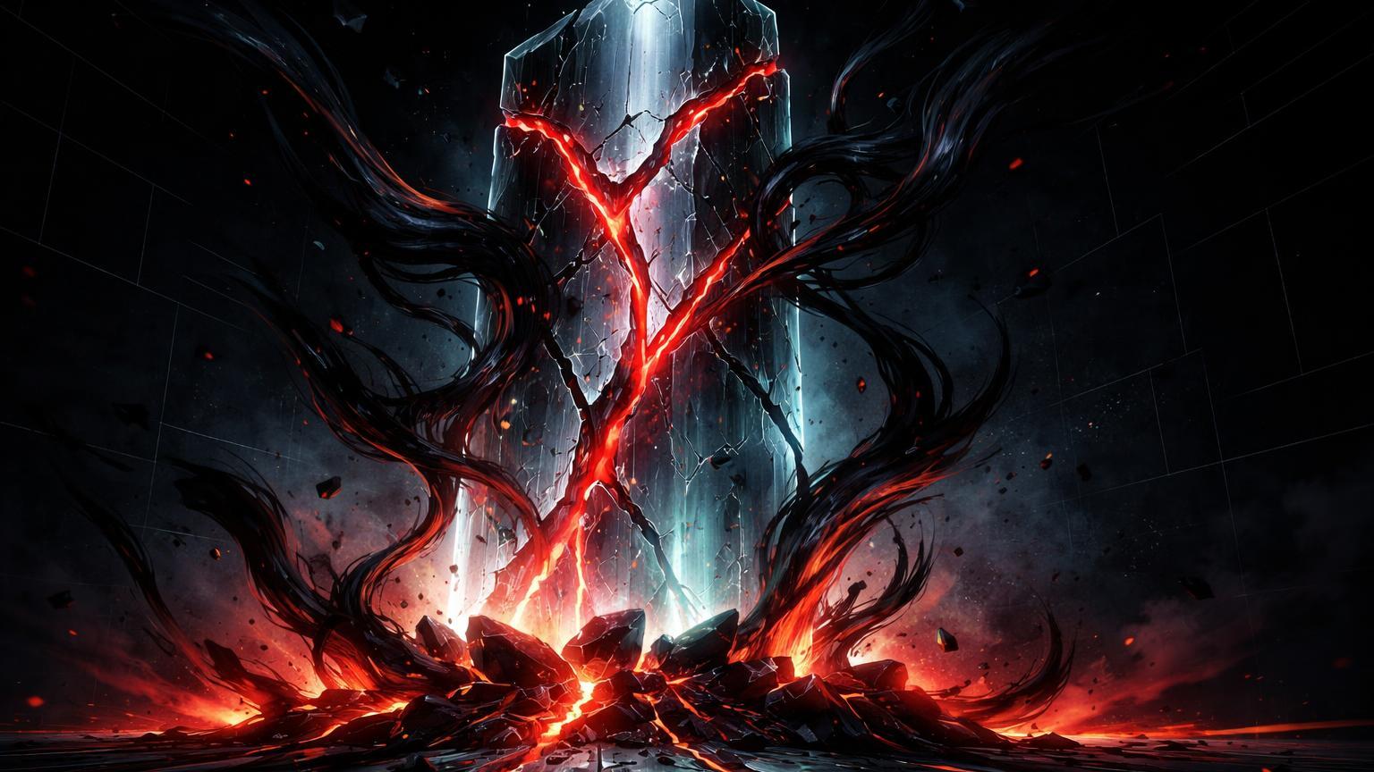 Pilar digital translúcido colossal com rachaduras vermelhas e sombras infiltrantes, expondo fragilidade em US$ 300 bilhões de stablecoins