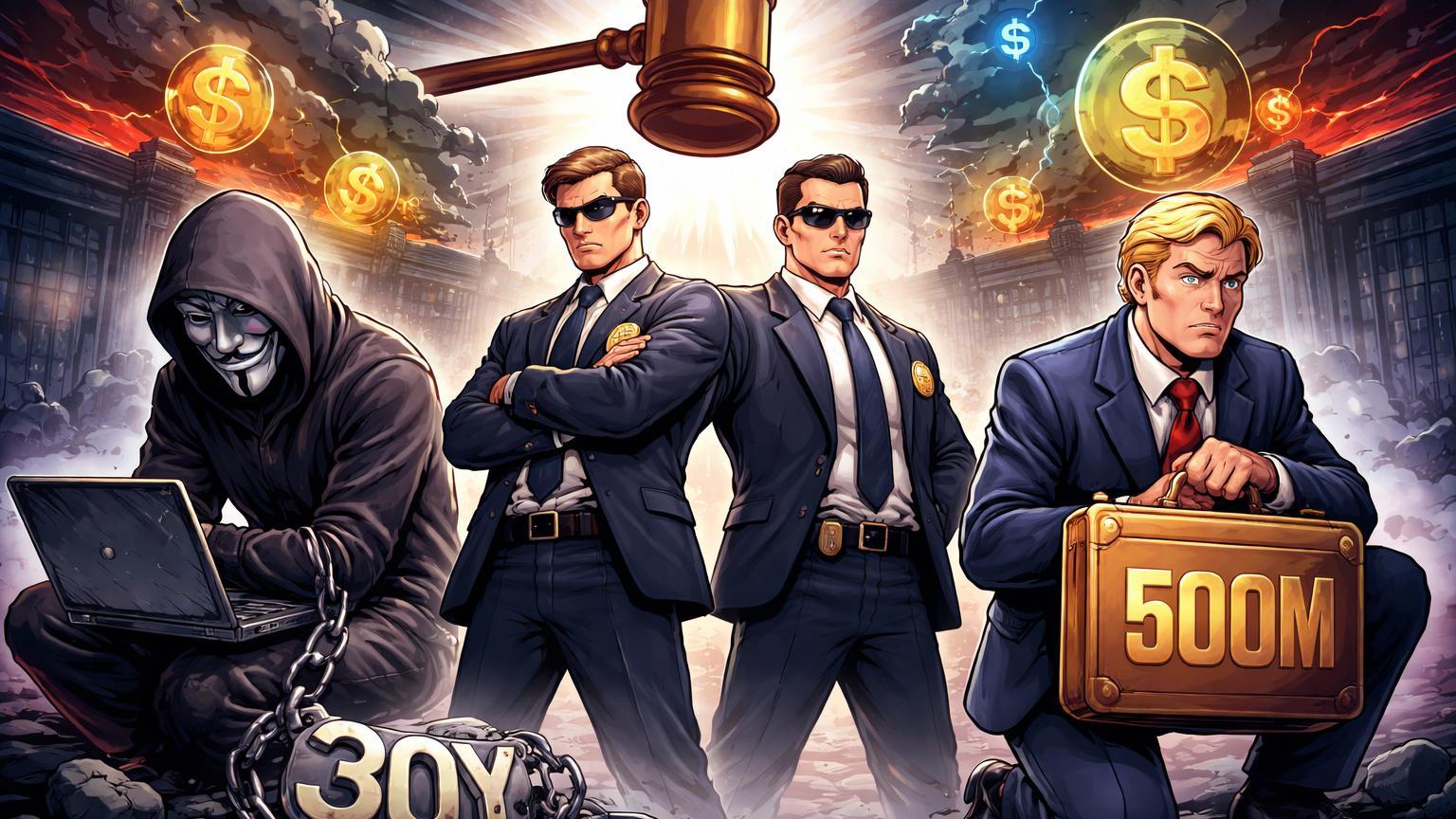 Agentes FBI cartoon algemando figura darknet com 30Y e investigando executivo com mala 500M UAE, simbolizando justiça contra crimes e polêmicas cripto