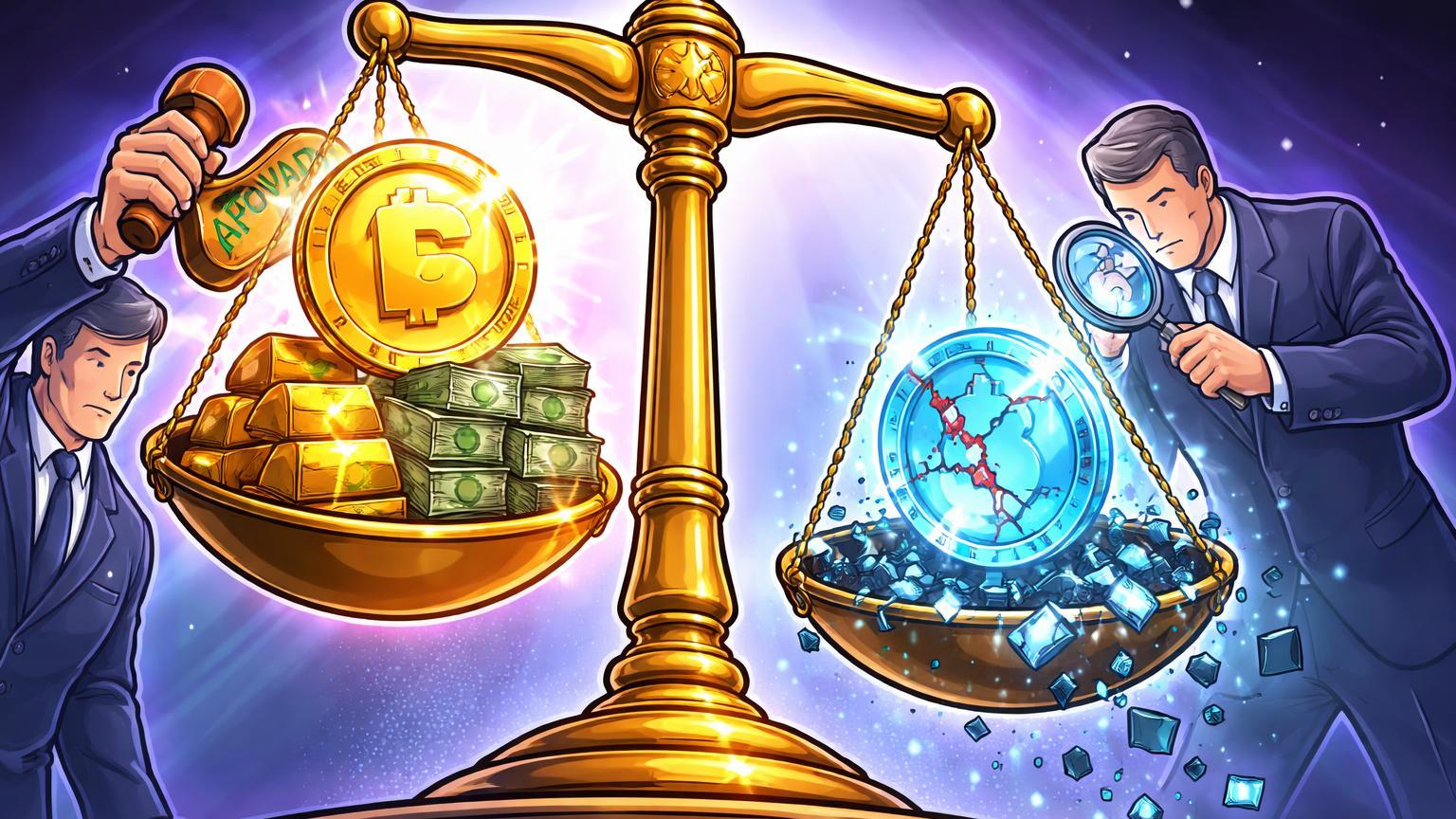 Balança regulatória aprovando stablecoin com lastro sólido enquanto rejeita algorítmica colapsando, simbolizando proibição no Brasil