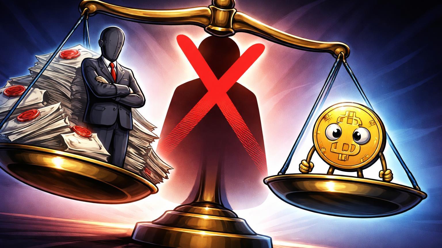 Balança cartoon desequilibrada com pilhas burocráticas pesadas contra Bitcoin decepci onado, simbolizando recusa do Tesouro e trava na nomeação do Fed