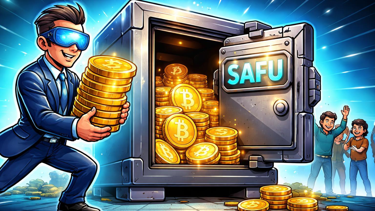 Personagem exchange cartoon depositando Bitcoin em cofre SAFU fortificado, protegendo usuários, simbolizando reforço de segurança da Binance