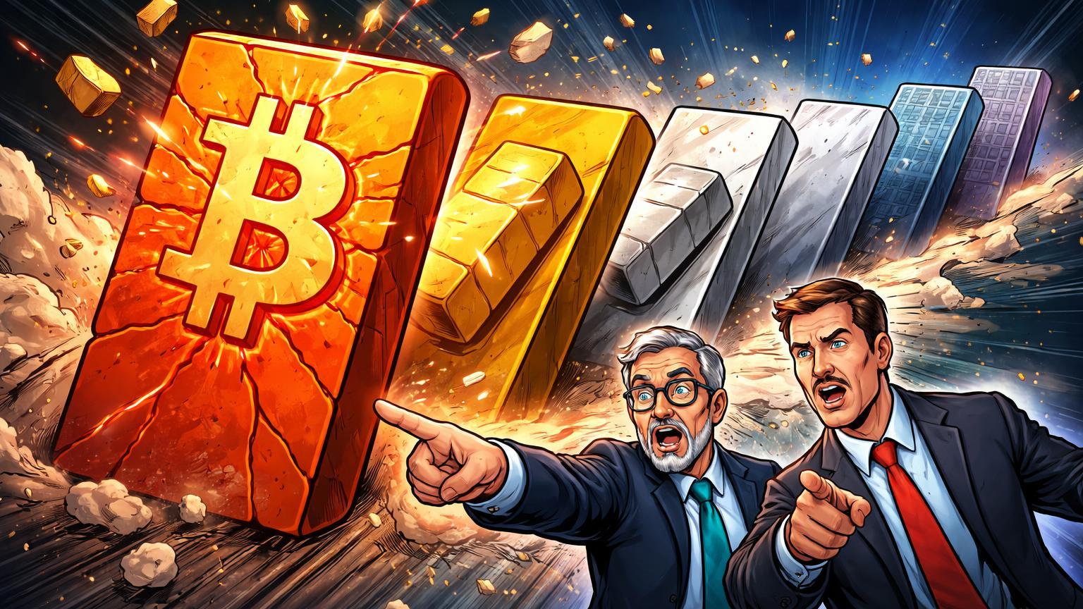 Analistas cartoon apontando para dominós caindo em cadeia, com BTC rachado primeiro, simbolizando alerta de Burry e Schiff sobre colapso sistêmico