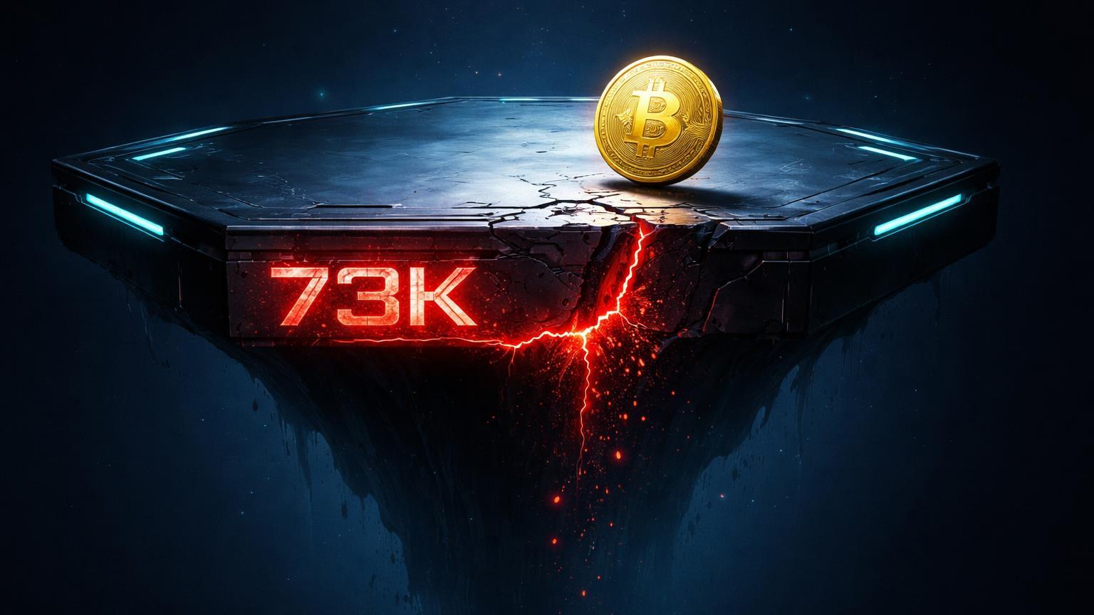 Plataforma digital instável com suporte '73K' rachado e Bitcoin no limite de abismo, sinalizando risco técnico e queda histórica