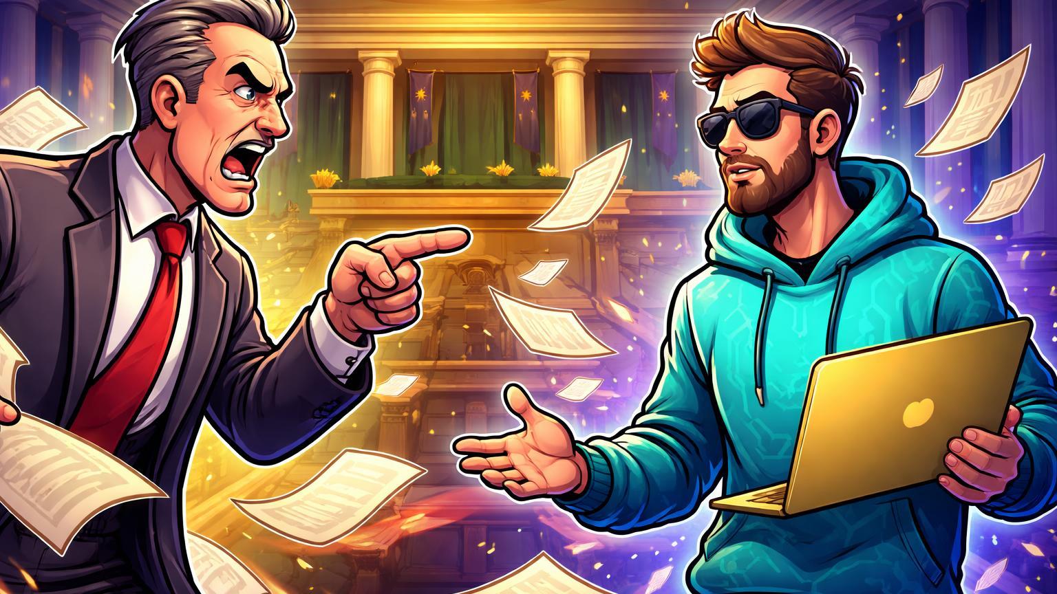 Personagens cartoon de banqueiro tradicional e executivo cripto em confronto acalorado diante de câmara parlamentar, ilustrando disputa Coinbase vs bancos australianos