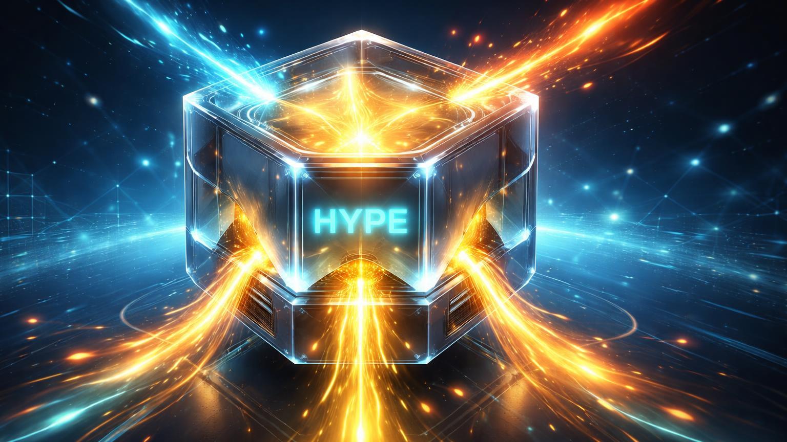 Vault glassmorphism hexagonal absorvendo raios voláteis HYPE cyan e laranja, emitindo prêmios dourados em ecossistema DeFi do Hyperliquid
