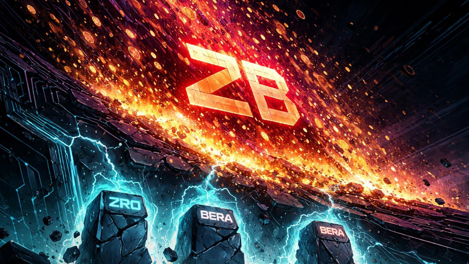 Avalanche de partículas douradas com 2B bold colidindo pilares de altcoins, simbolizando desbloqueio de US$ 2 bi em tokens