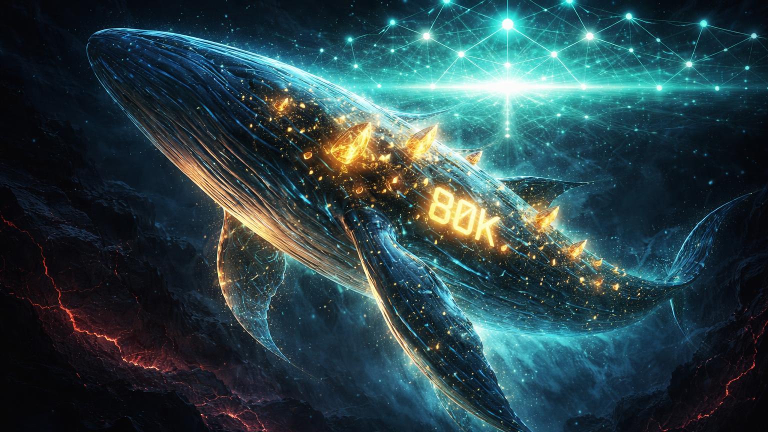 Baleia colossal surreal emergindo de abismo digital com cristais ETH e '80K' marcado, nadando para rede DeFi em meio à queda do mercado