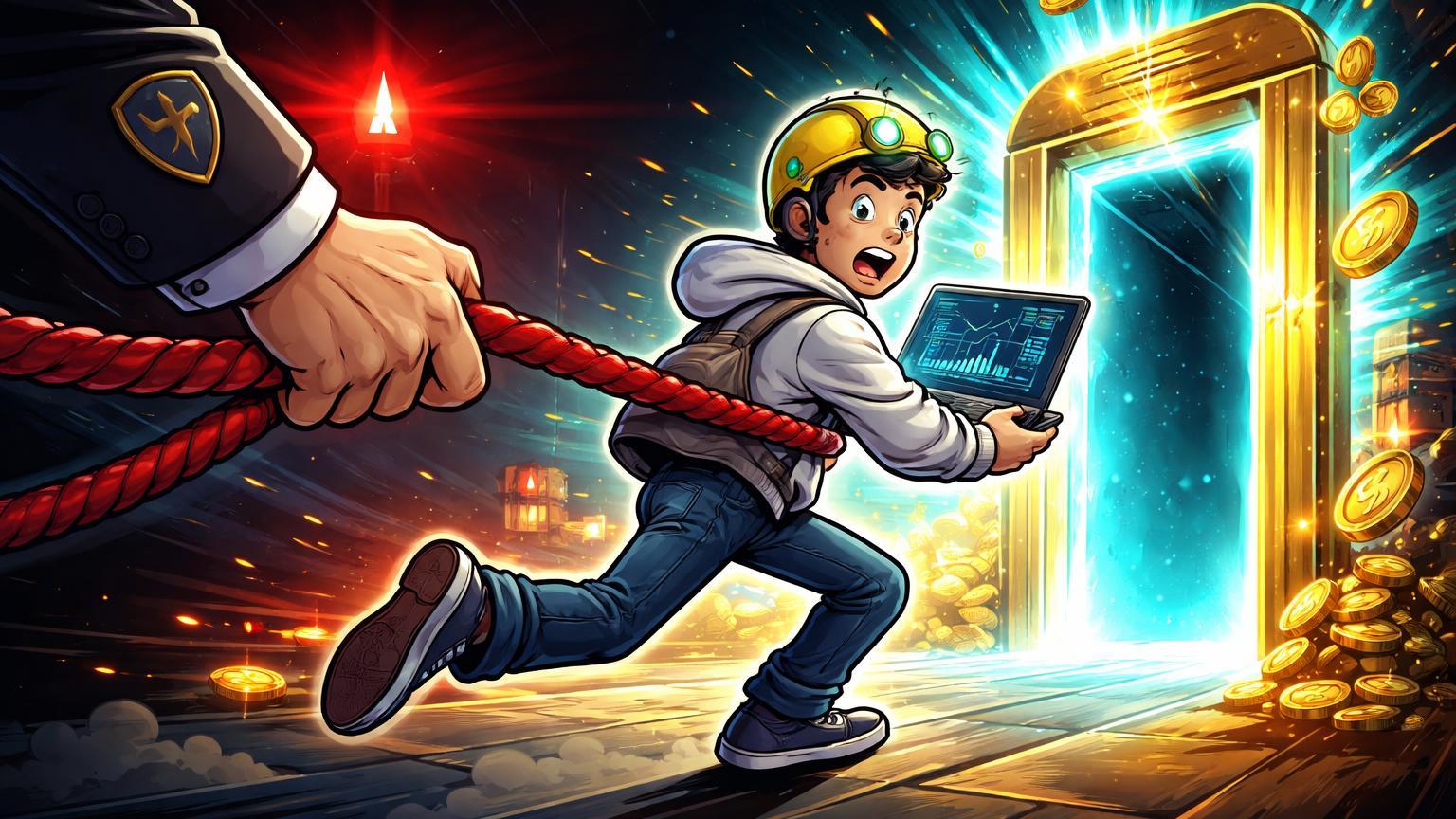 Trader cartoon sendo puxado de portal falso luminoso por mão autoritária, simbolizando alerta HKMA sobre sites phishing em cripto