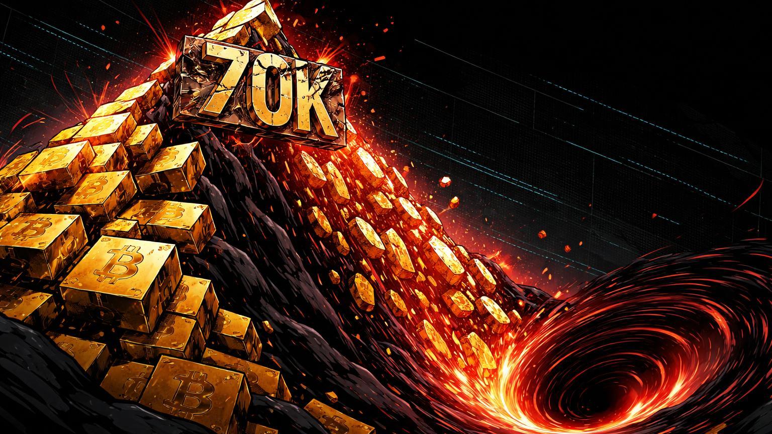 Montanha de blocos BTC dourados desmoronando em avalanche vermelha para vórtice, simbolizando movimento do Butão e perda dos US$ 70K no Bitcoin