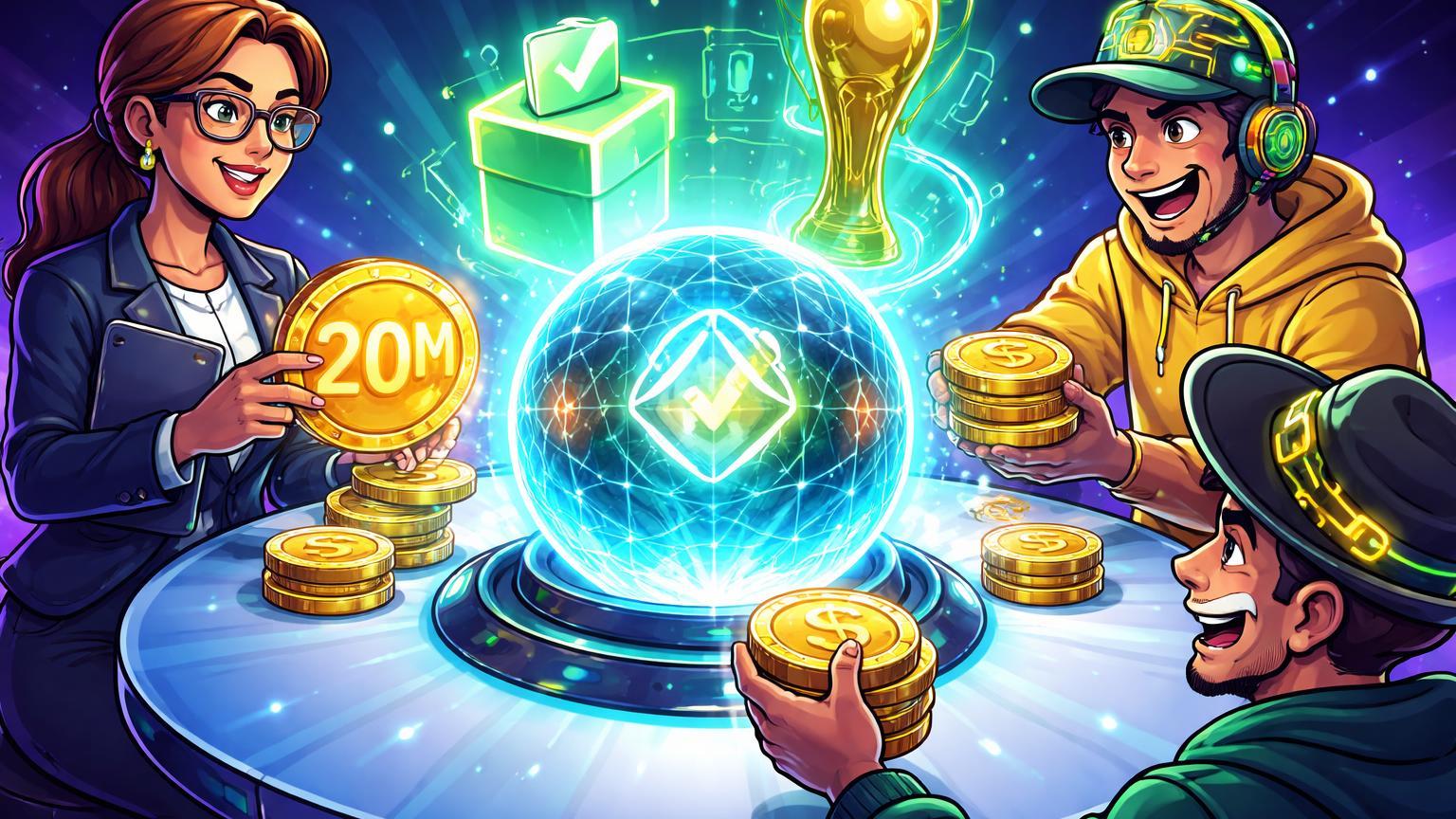 Personagens cartoon apostando fichas douradas em esfera holográfica de eventos futuros, com '20M' glow, celebrando funding da Opinion em prediction markets BNB Chain