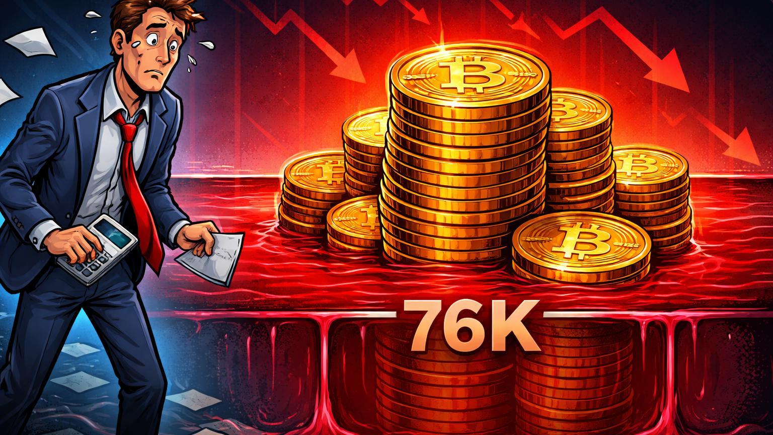 Executivo cartoon preocupado com pilha de Bitcoin submersa em tinta vermelha abaixo da marca 76K, simbolizando prejuízo na tesouraria da Strategy