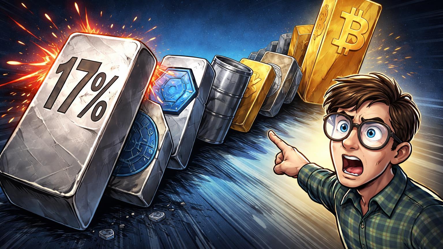 Sequência de dominós cartoon caindo: lingote prata com 17% derruba mercados até Bitcoin, figura alerta risco de liquidações