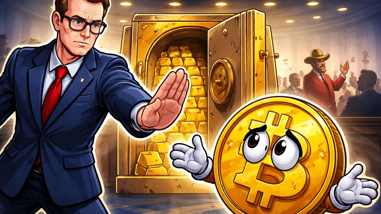 Secretário cartoon barrando personagem Bitcoin diante de cofre de ouro, contrastando lobby republicano em audiência do Tesouro dos EUA