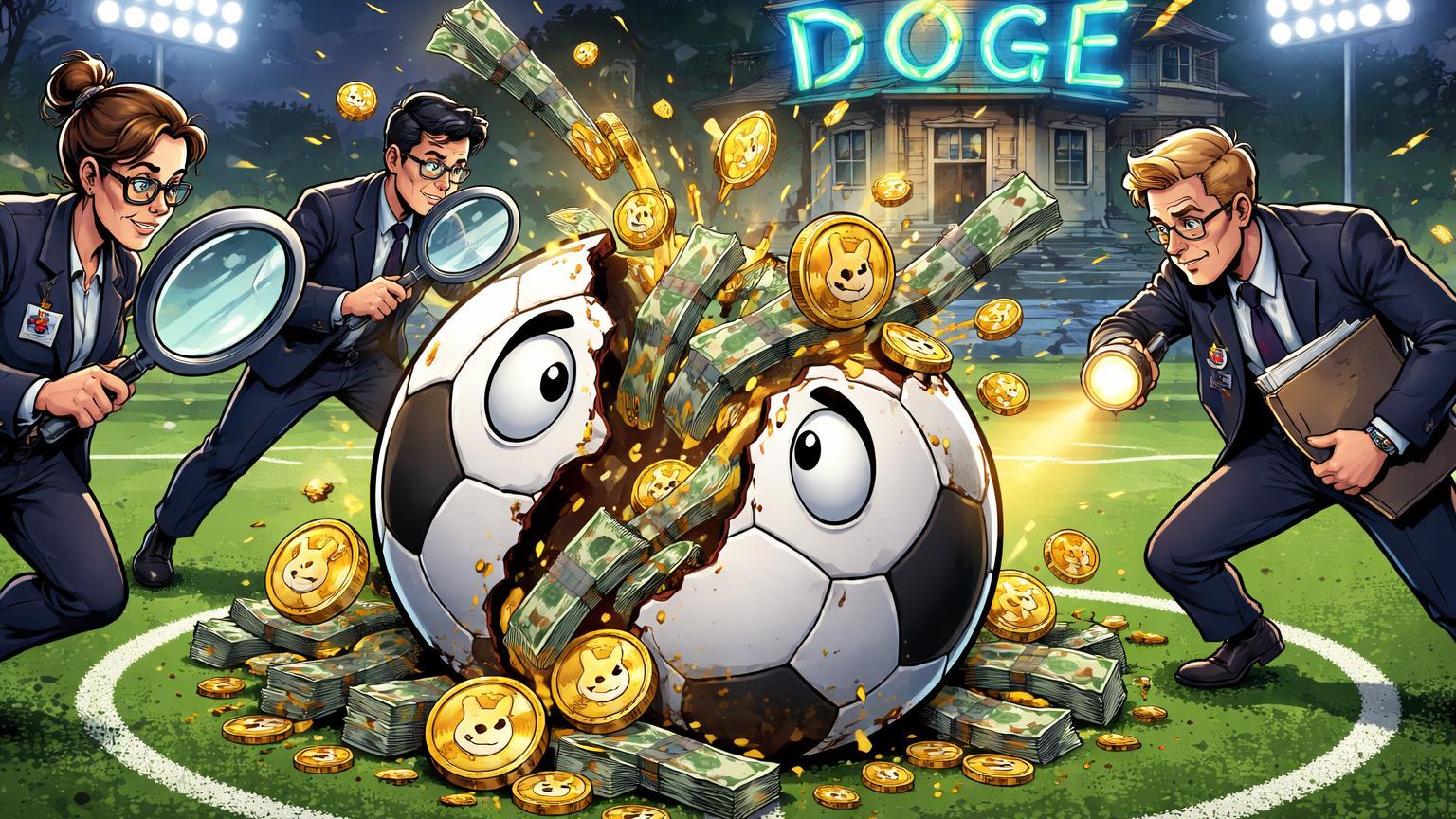 Investigadores cartoon com lupas cercando bola de futebol rachada expelindo Dogecoin e euros suspeitos, ilustrando investigação de lavagem na Triestina Calcio