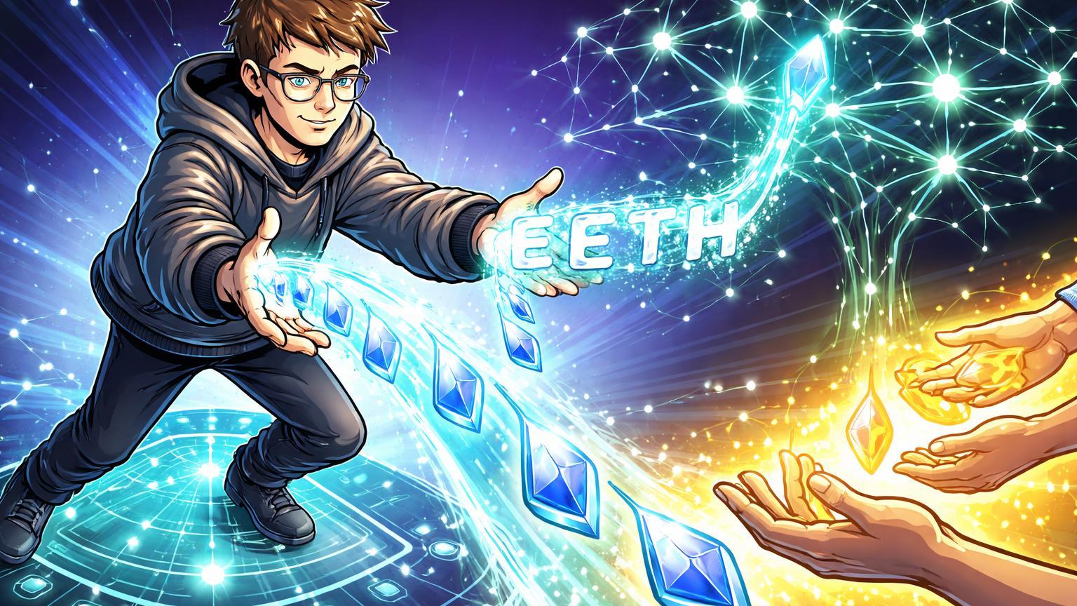 Personagem cartoon de Vitalik liberando fluxo ETH para ecossistema e filantropia, ilustrando transferências on-chain estratégicas