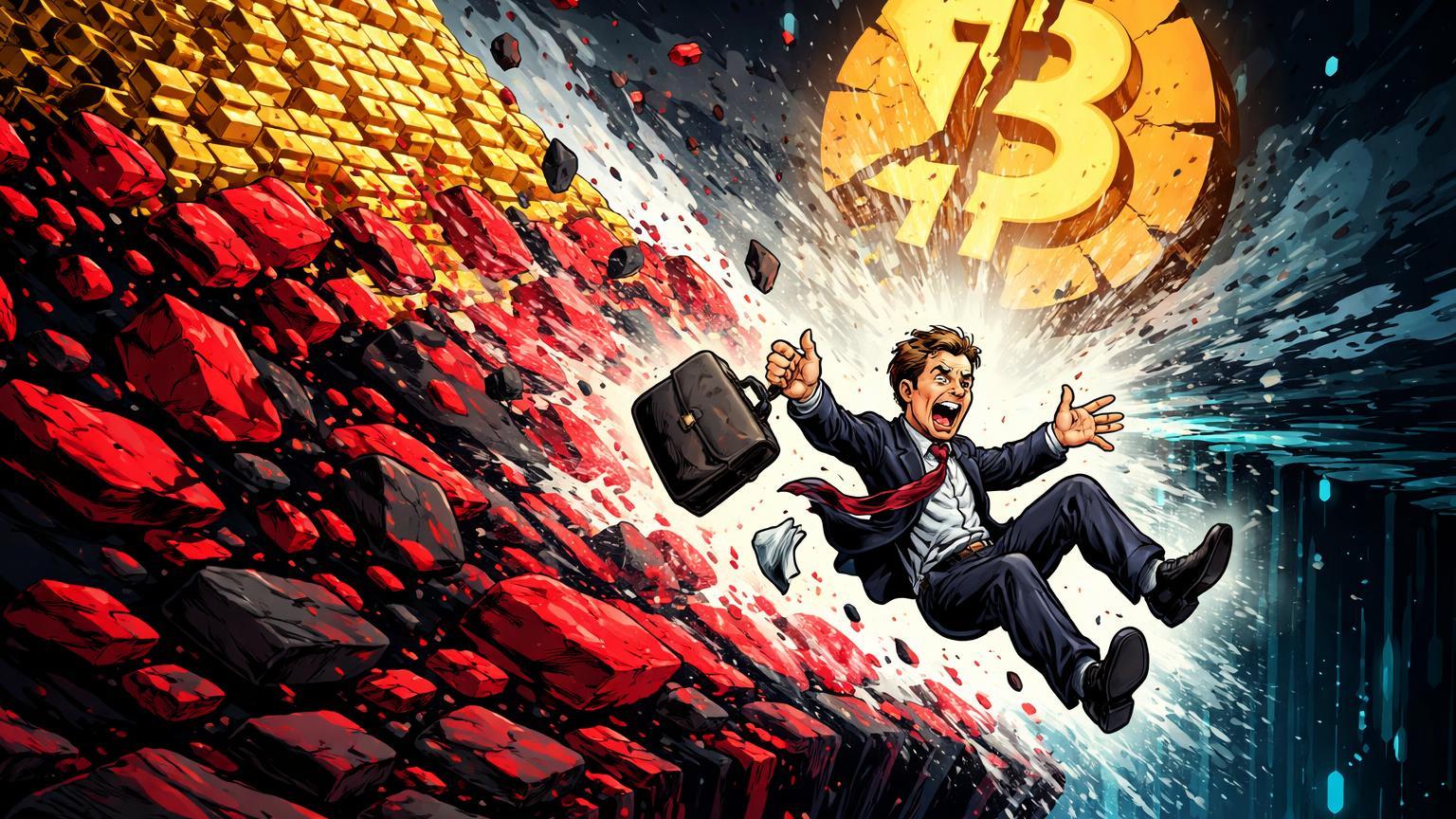 Avalanche vermelha derrubando montanha dourada de ganhos com executivo Gemini cartoon caindo, simbolizando crash do Bitcoin e liquidações bilionárias