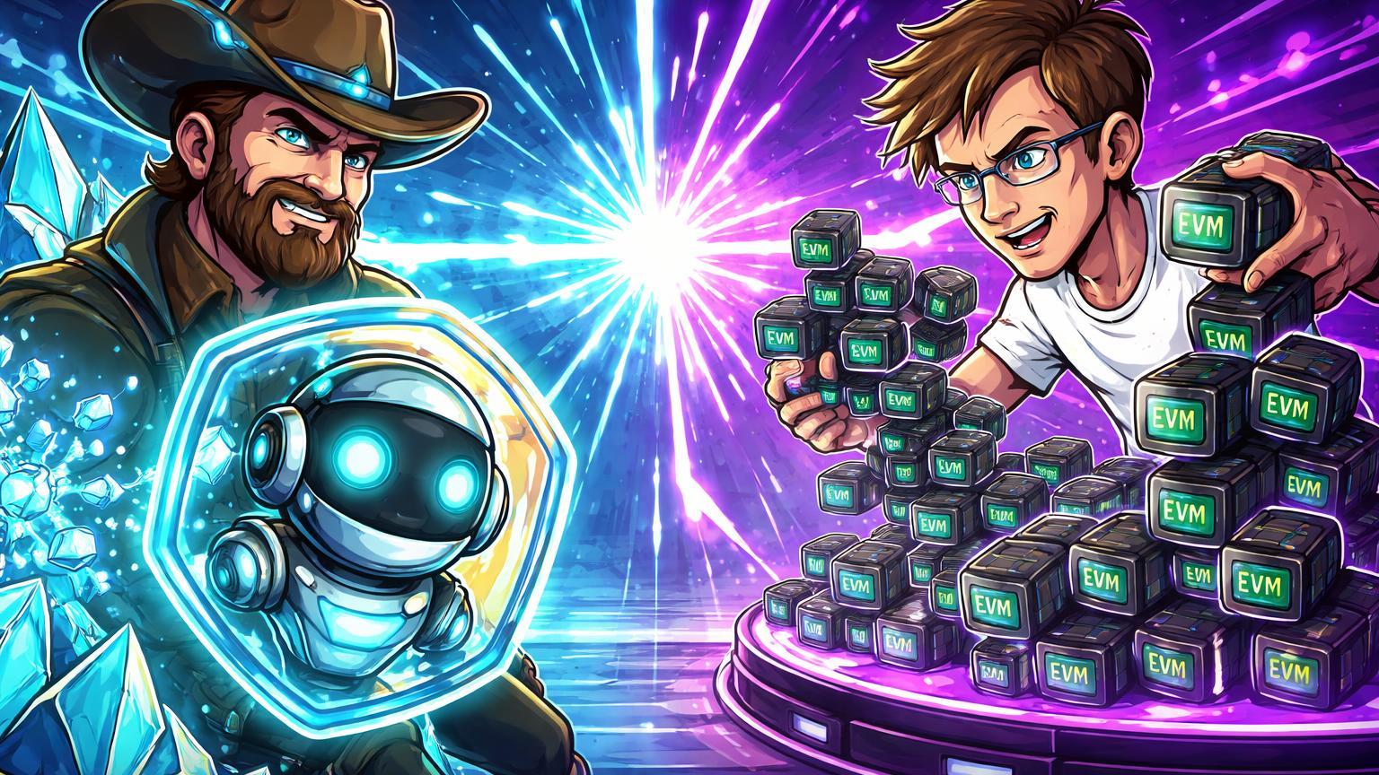 Líderes blockchain cartoon em confronto: Hoskinson com agente IA Logan vs Vitalik com clones EVM, simbolizando guerra pela inovação em protocolos