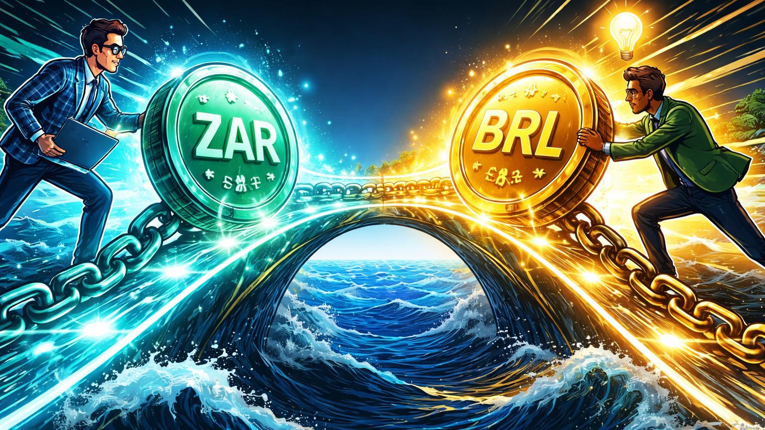 Empreendedores cartoon construindo ponte com stablecoins ZAR e BRL sobre oceano digital, simbolizando lições da África do Sul para startups brasileiras em remessas