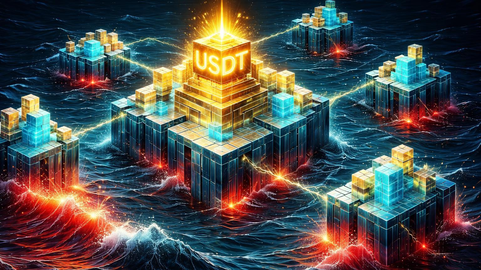 Ilhas isométricas de liquidez cyan e dourada flutuando sobre oceano turbulento vermelho, simbolizando USDT paralelo alto em exchanges voláteis
