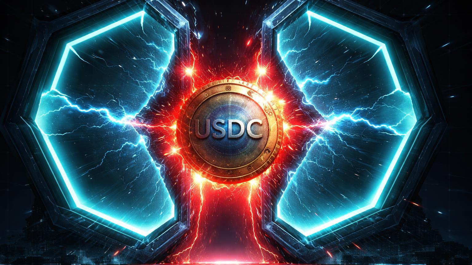 Portão hexagonal DeFi se fechando com barreira vermelha bloqueando stablecoin USDC, alertando riscos em DEX Aptos e bloqueio judicial